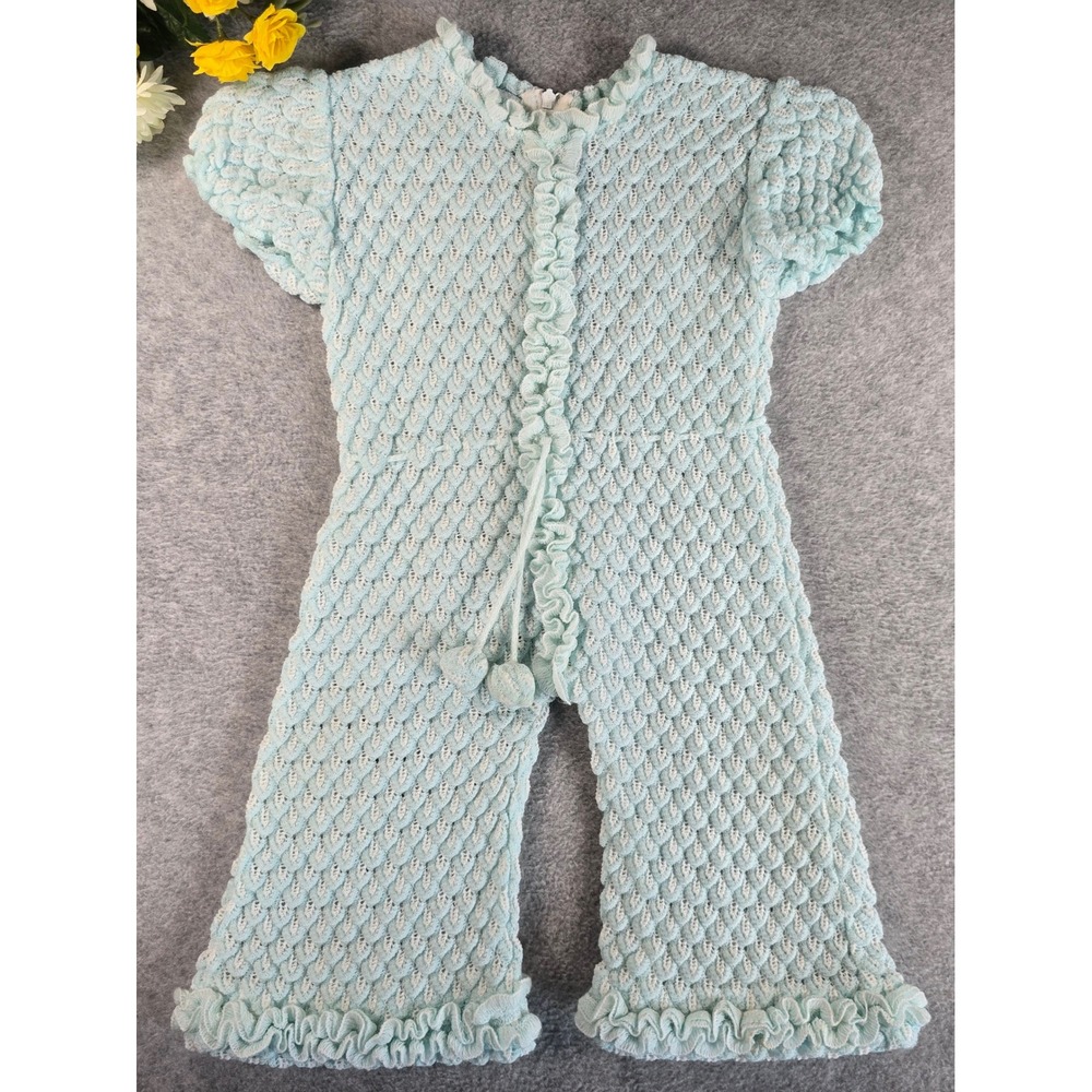 Vintage 80s Light Blue Crochet Knit Jumpsuit Romper Ruffle Pom Pom Acrylic 12m